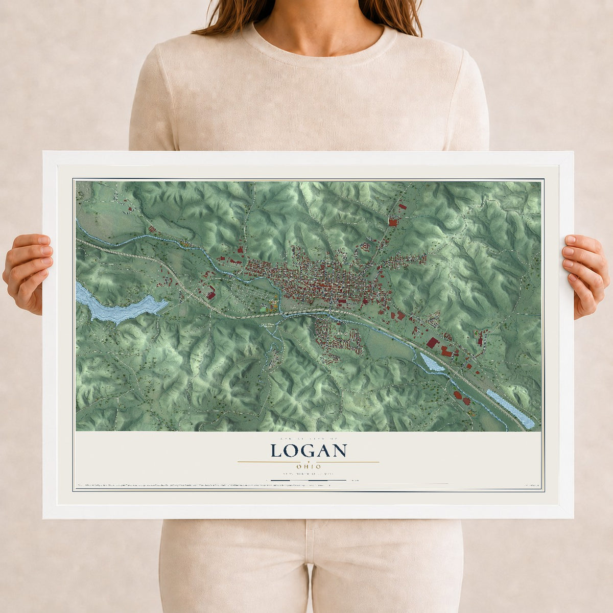 Map of Logan, Ohio, 12 x 18 inch print in a white wood frame