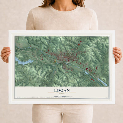 Map of Logan, Ohio, 12 x 18 inch print in a white wood frame