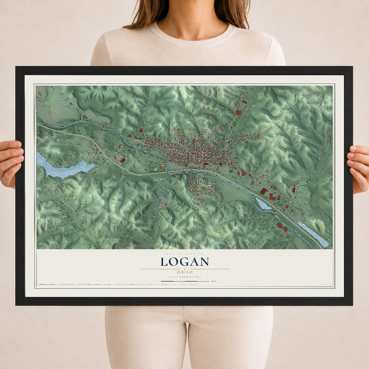 Map of Logan, Ohio, 18 x 24 inch print in a black wood frame