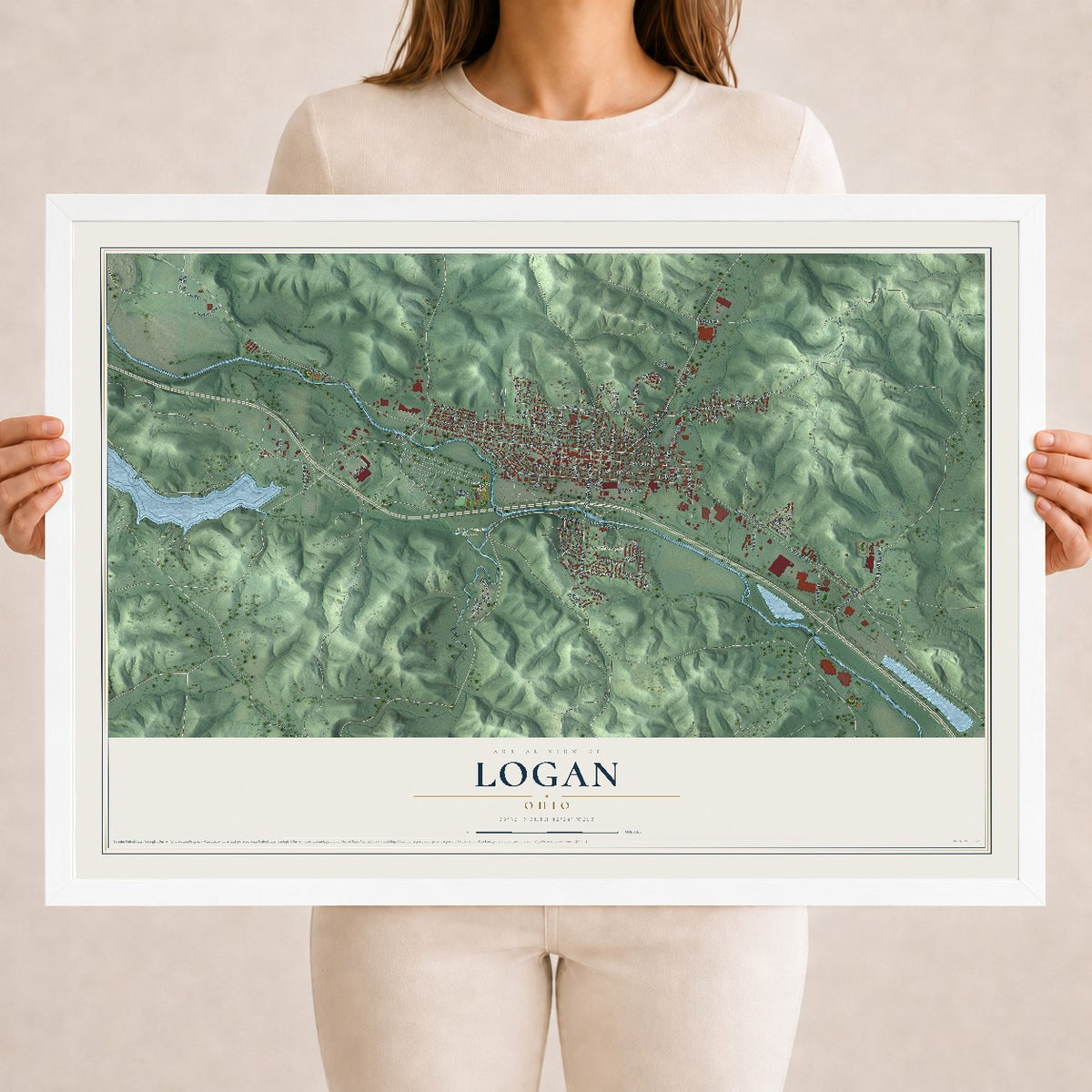 Map of Logan, Ohio, 18 x 24 inch print in a white wood frame