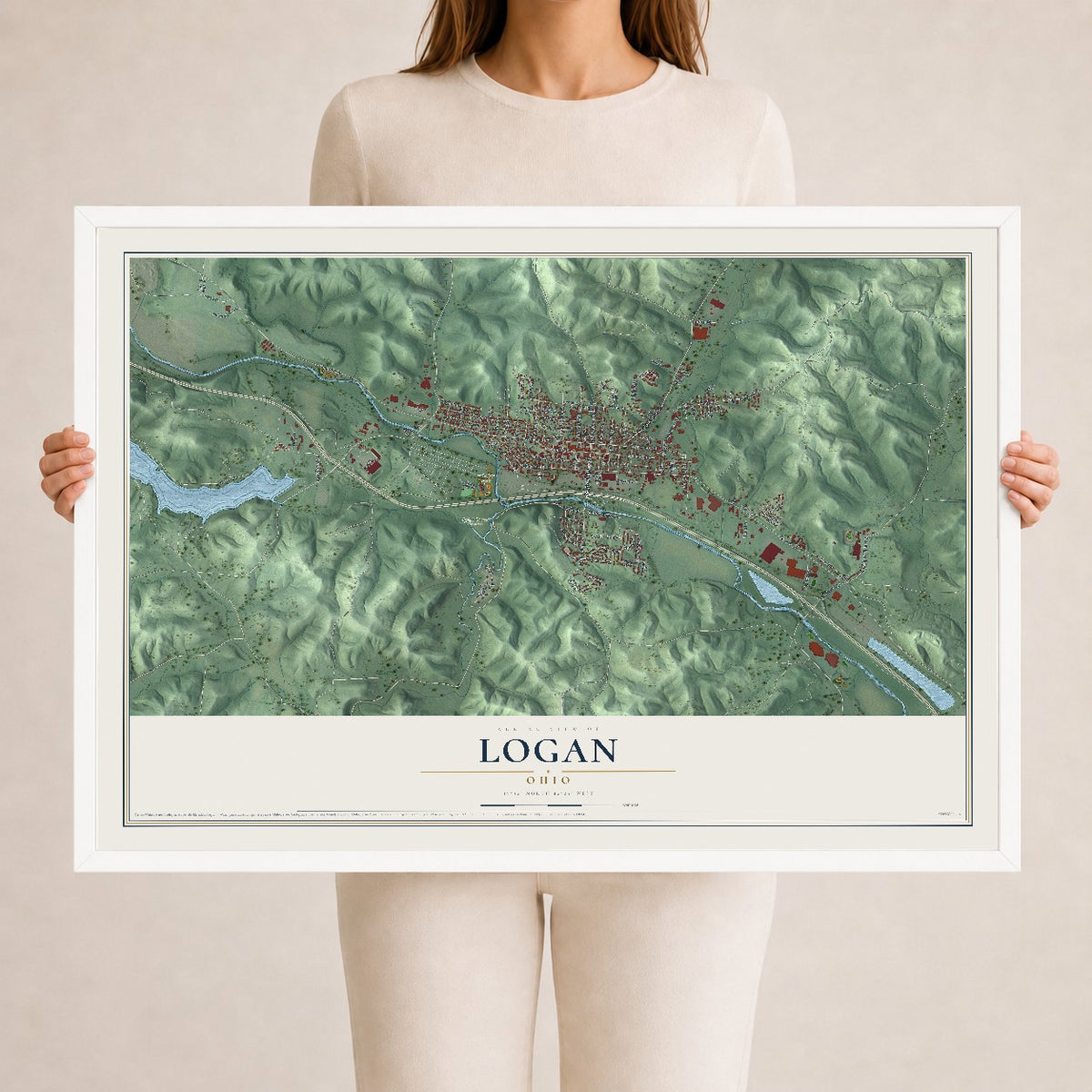 Map of Logan, Ohio, 24 x 36 inch print in a white wood frame