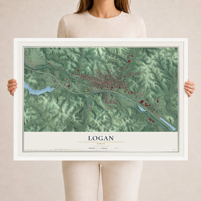 Map of Logan, Ohio, 24 x 36 inch print in a white wood frame