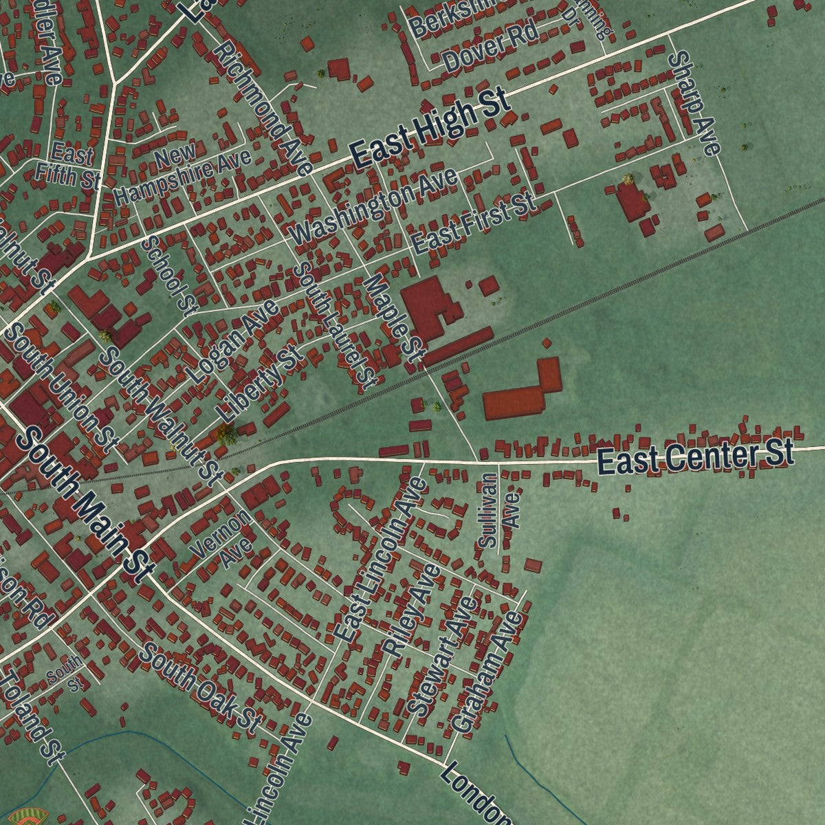 Close-up of the map of London, Ohio print showing street and building detail