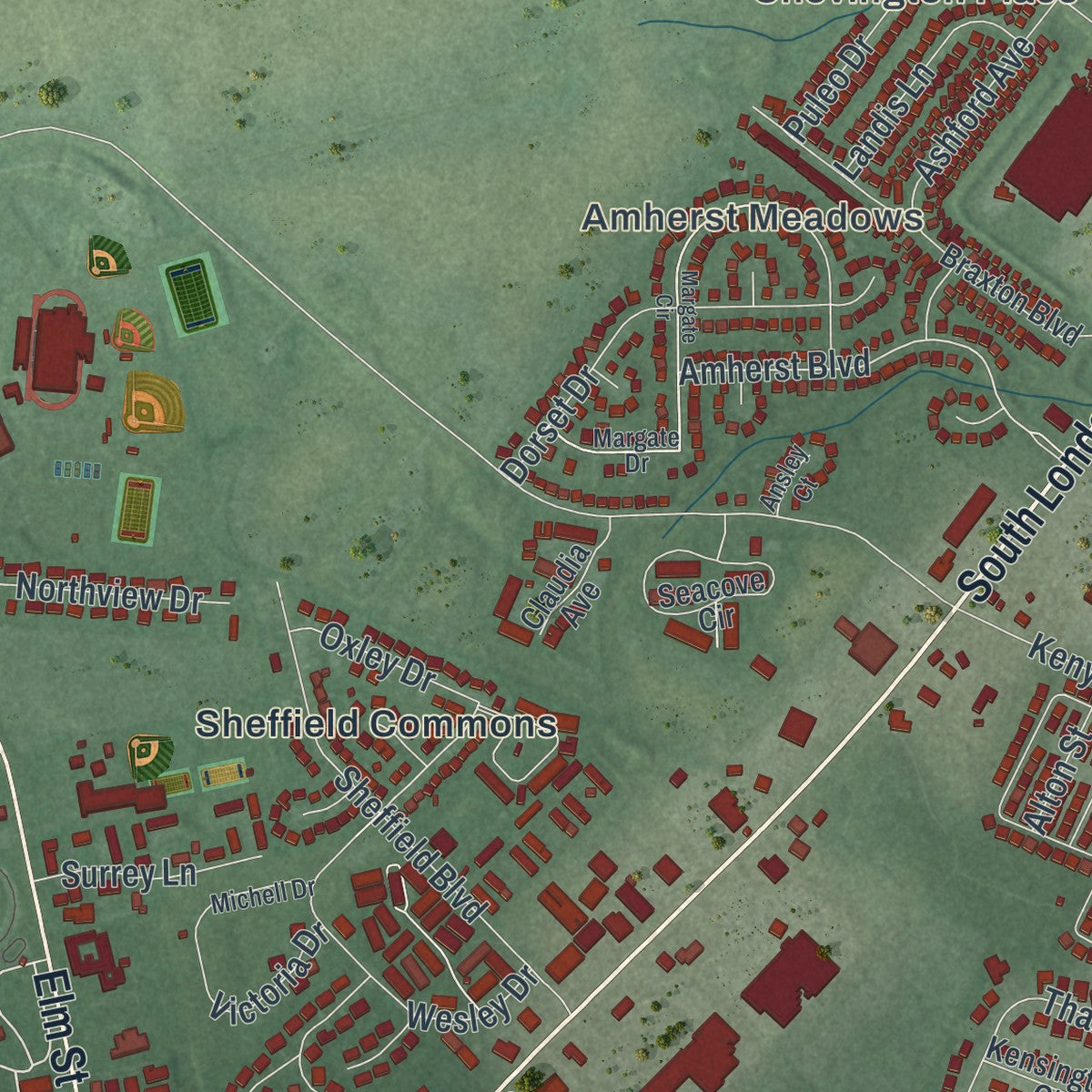 Second close-up of the map of London, Ohio print showing more streets and buildings
