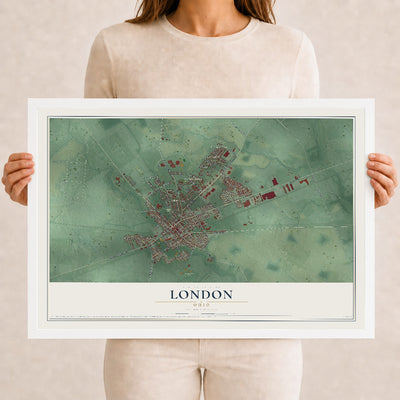 Map of London, Ohio, 12 x 18 inch print in a white wood frame
