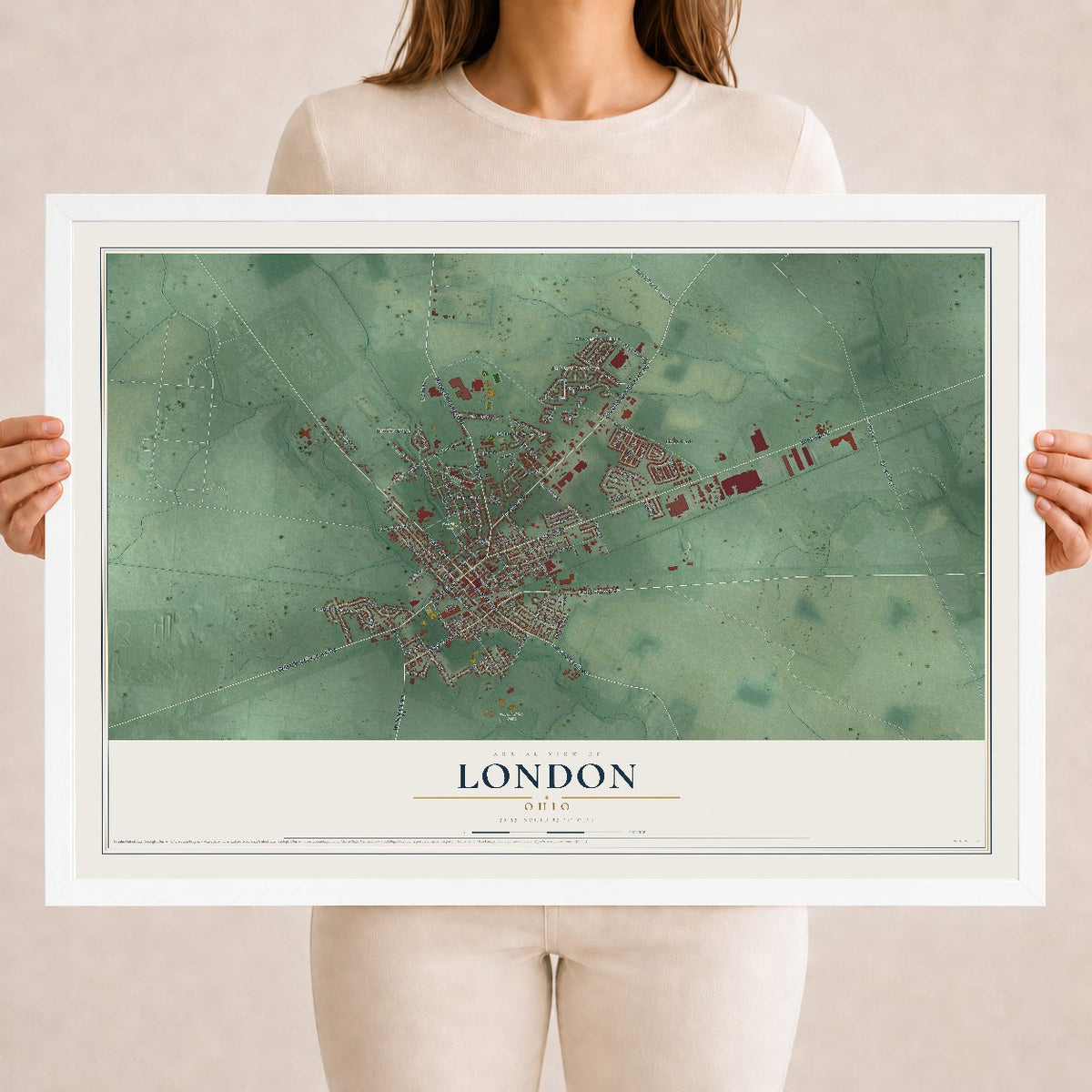 Map of London, Ohio, 18 x 24 inch print in a white wood frame