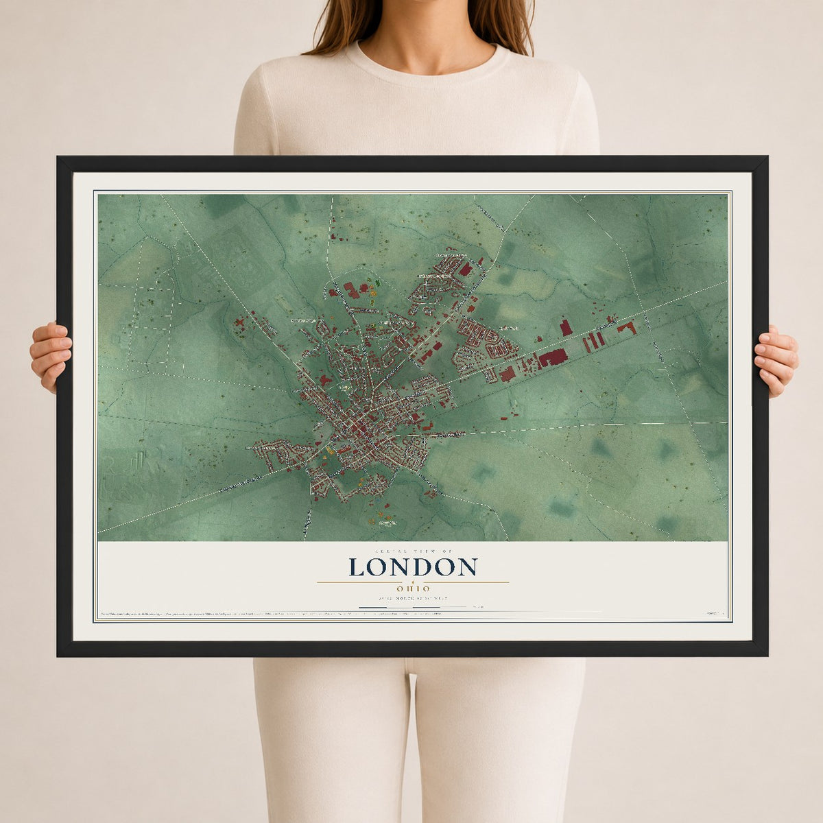 Map of London, Ohio, 24 x 36 inch print in a black wood frame