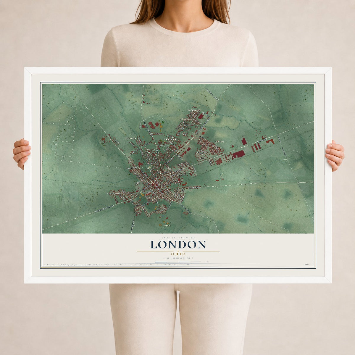 Map of London, Ohio, 24 x 36 inch print in a white wood frame