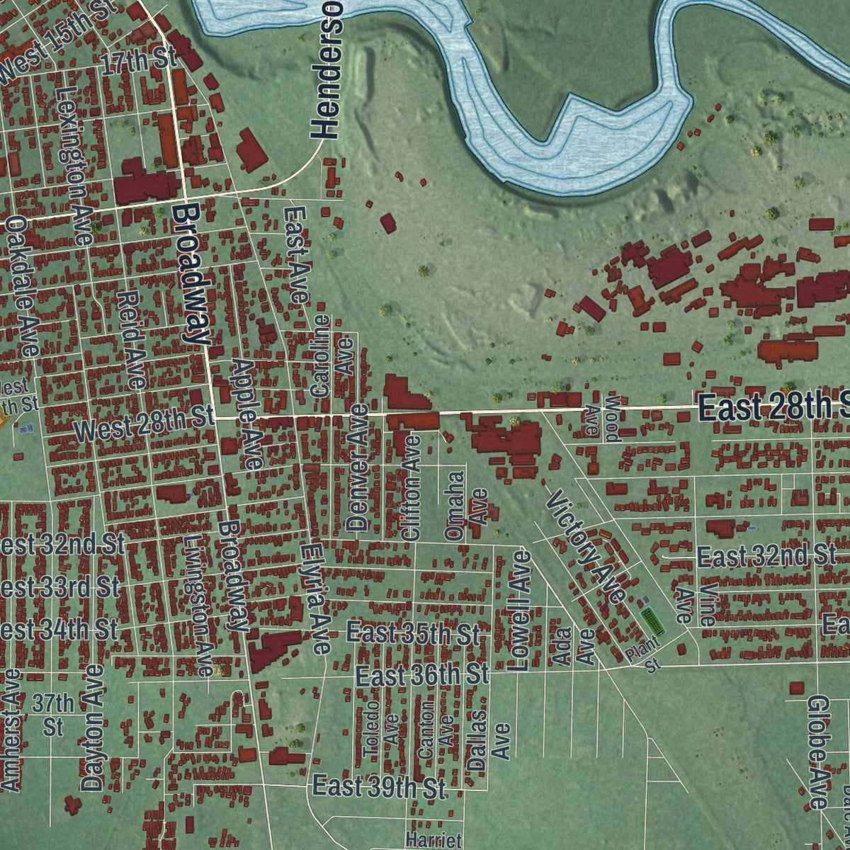 Second close-up of the map of Lorain, Ohio print showing more streets and buildings