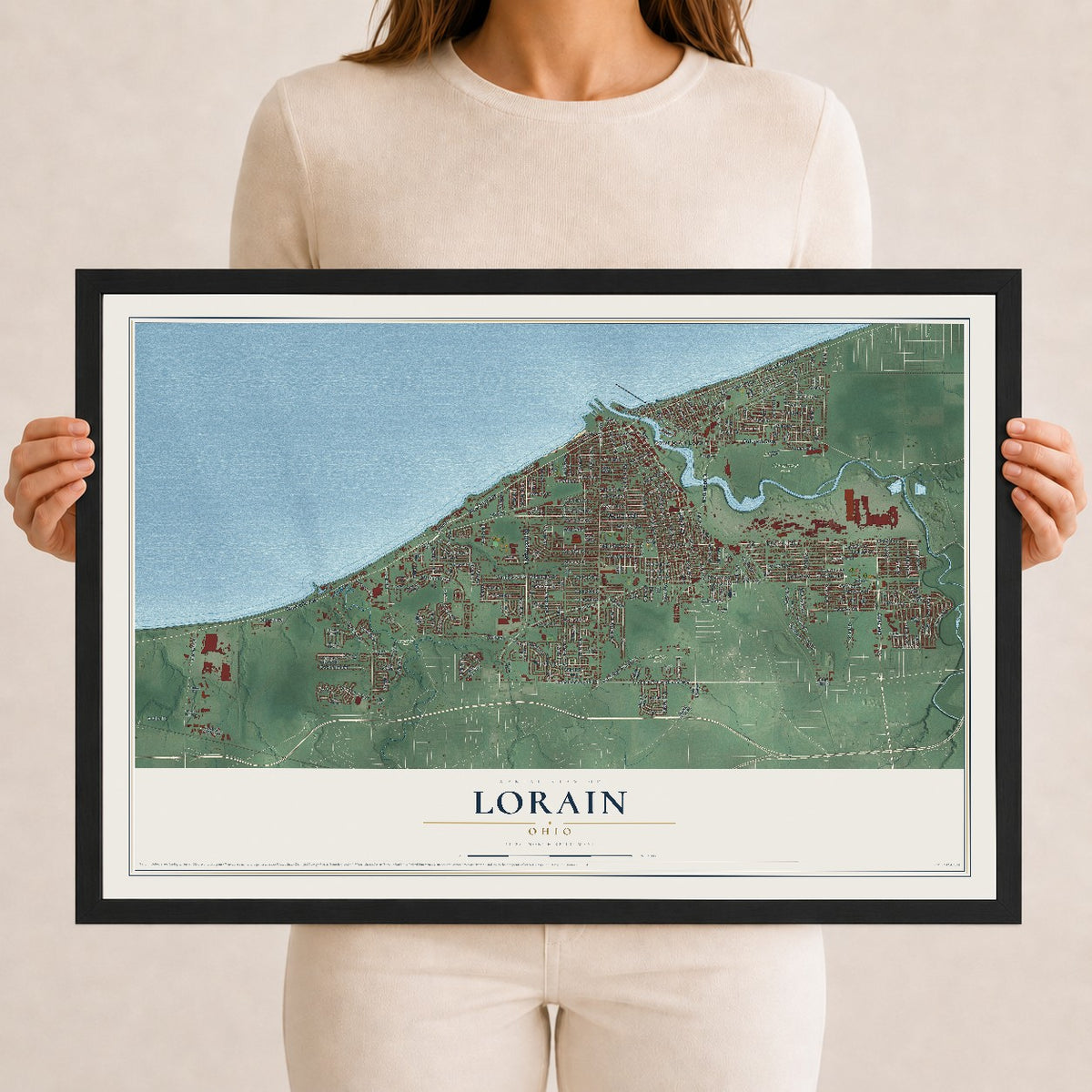 Map of Lorain, Ohio, 12 x 18 inch print in a black wood frame