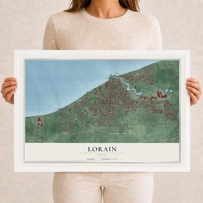 Map of Lorain, Ohio, 12 x 18 inch print in a white wood frame