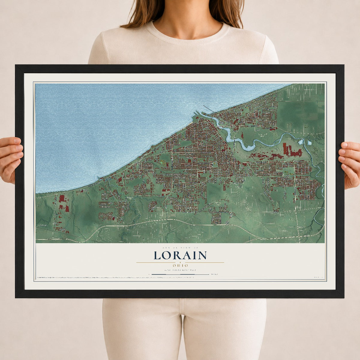 Map of Lorain, Ohio, 18 x 24 inch print in a black wood frame