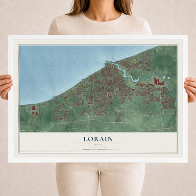 Map of Lorain, Ohio, 18 x 24 inch print in a white wood frame