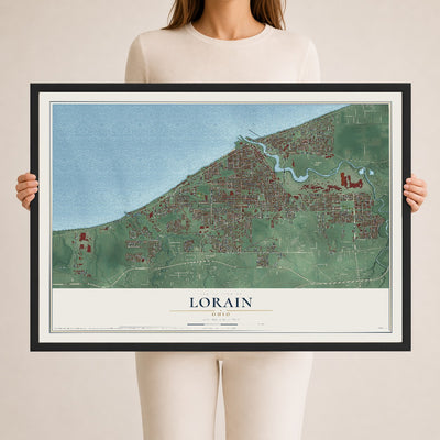 Map of Lorain, Ohio, 24 x 36 inch print in a black wood frame