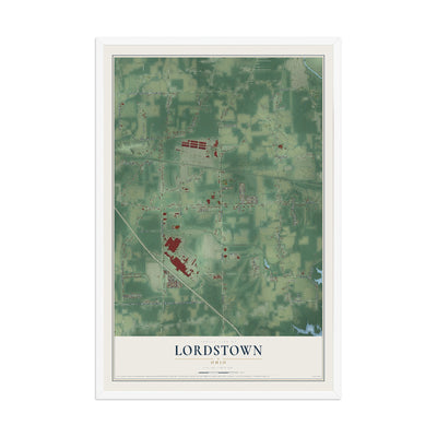 Map of Lordstown, Ohio, 12 x 18 inch print in a white wood frame
