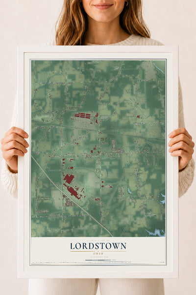 Map of Lordstown, Ohio, 18 x 24 inch print in a white wood frame