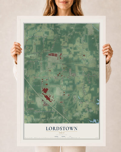 Map of Lordstown, Ohio, 24 x 36 inch print in a white wood frame