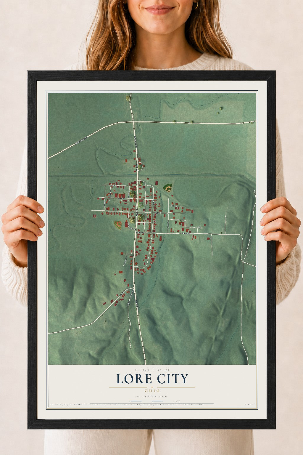 Map of Lore City, Ohio, 18 x 24 inch print in a black wood frame