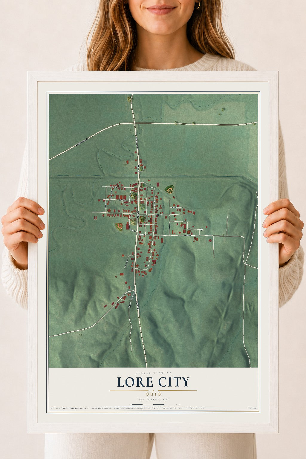 Map of Lore City, Ohio, 18 x 24 inch print in a white wood frame