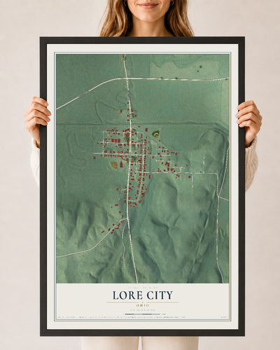 Map of Lore City, Ohio, 24 x 36 inch print in a black wood frame