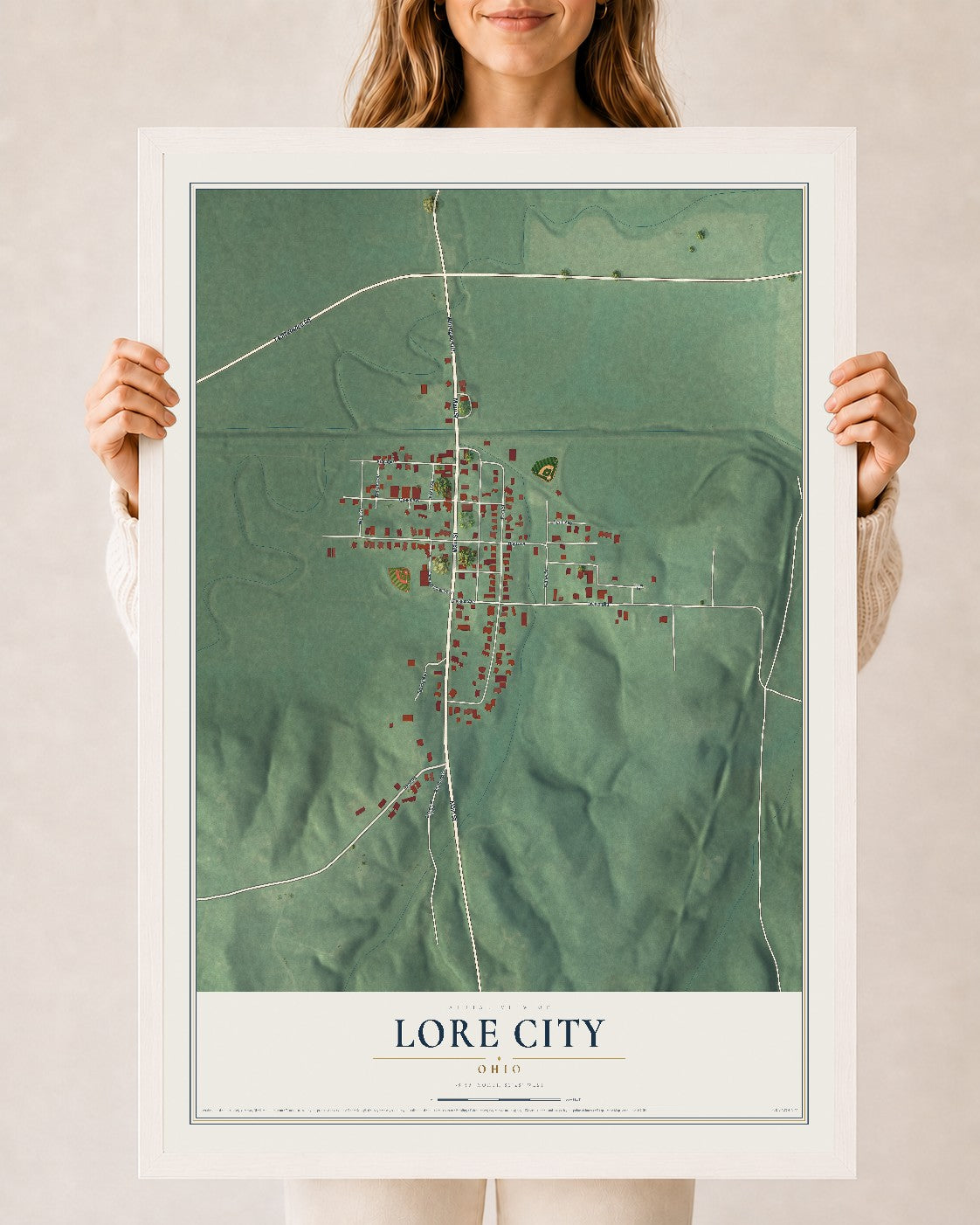 Map of Lore City, Ohio, 24 x 36 inch print in a white wood frame