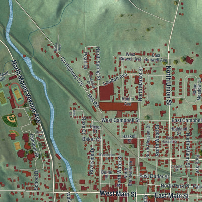 Close-up of the map of Loudonville, Ohio print showing street and building detail