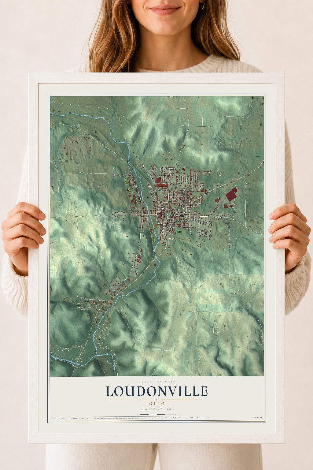 Map of Loudonville, Ohio, 18 x 24 inch print in a white wood frame