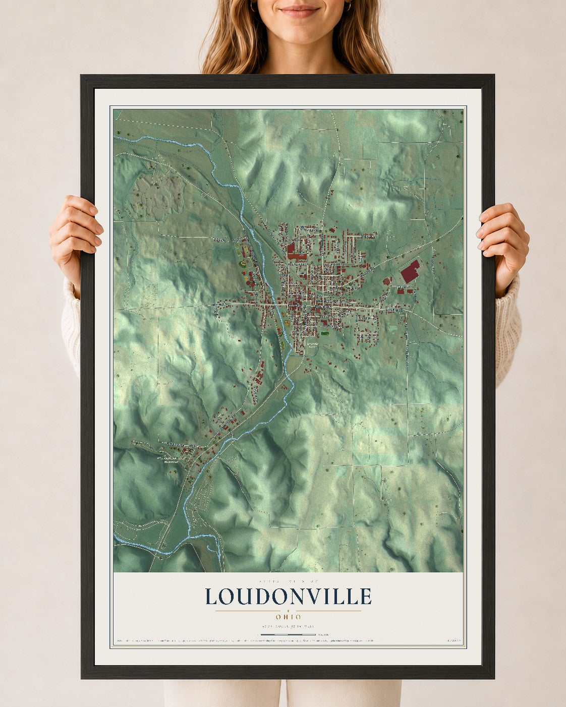 Map of Loudonville, Ohio, 24 x 36 inch print in a black wood frame