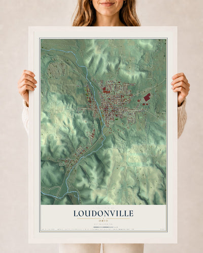 Map of Loudonville, Ohio, 24 x 36 inch print in a white wood frame