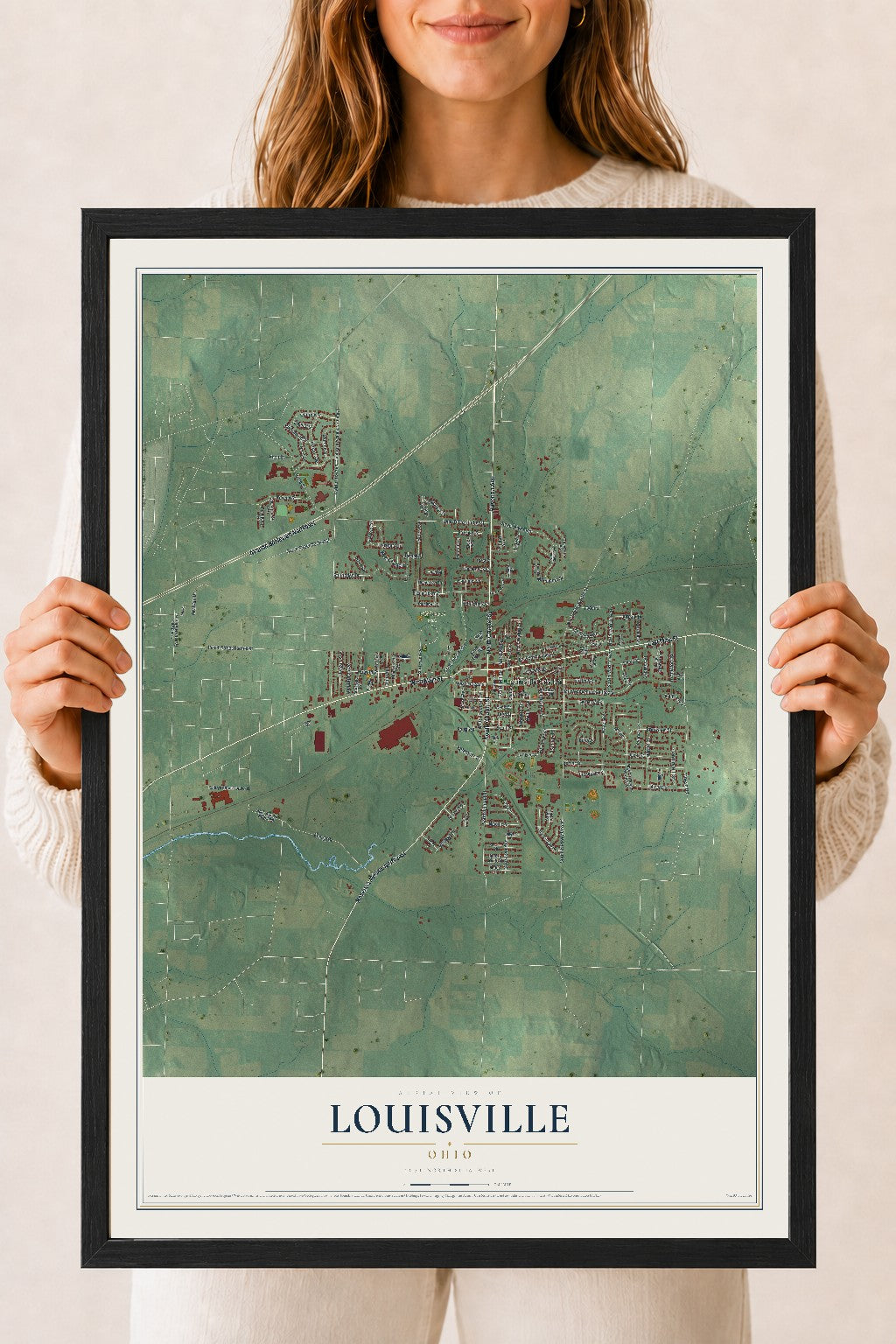 Map of Louisville, Ohio, 18 x 24 inch print in a black wood frame