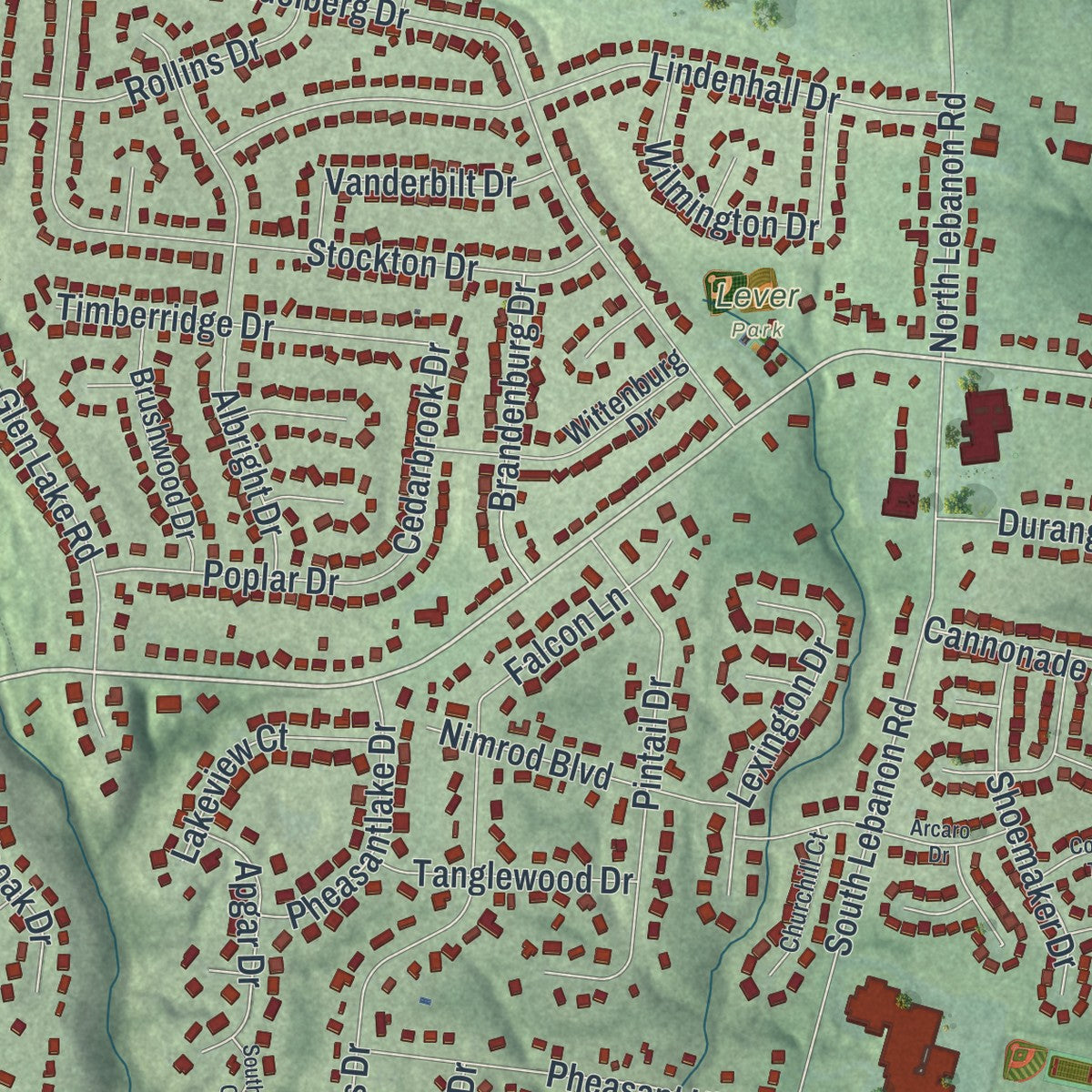 Close-up of the map of Loveland, Ohio print showing street and building detail