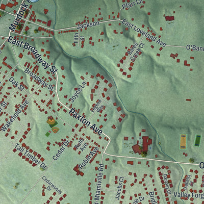Second close-up of the map of Loveland, Ohio print showing more streets and buildings