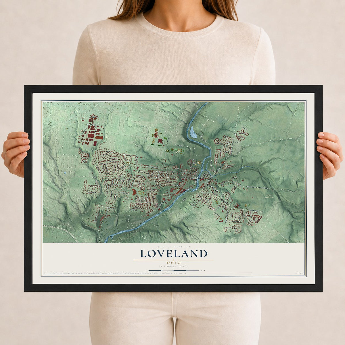 Map of Loveland, Ohio, 12 x 18 inch print in a black wood frame