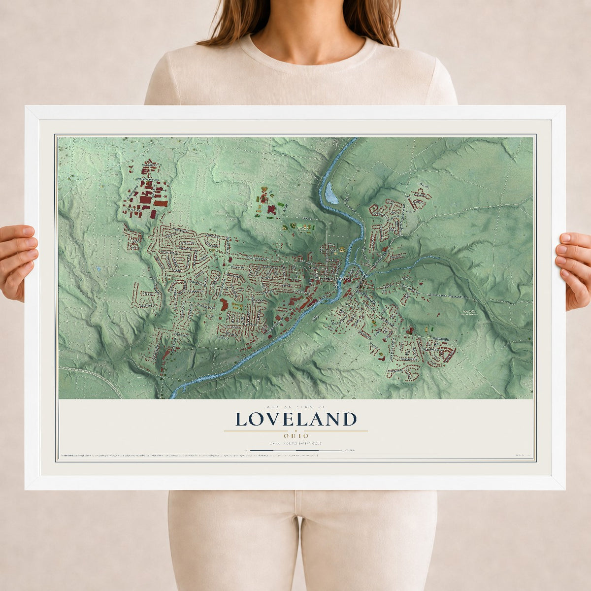 Map of Loveland, Ohio, 18 x 24 inch print in a white wood frame