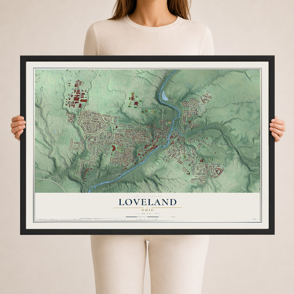 Map of Loveland, Ohio, 24 x 36 inch print in a black wood frame