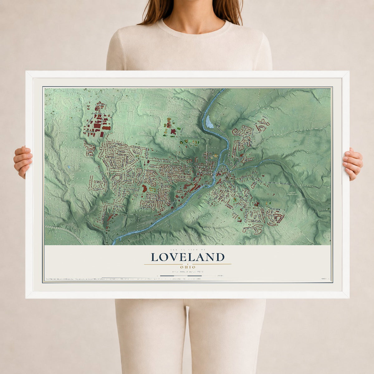 Map of Loveland, Ohio, 24 x 36 inch print in a white wood frame