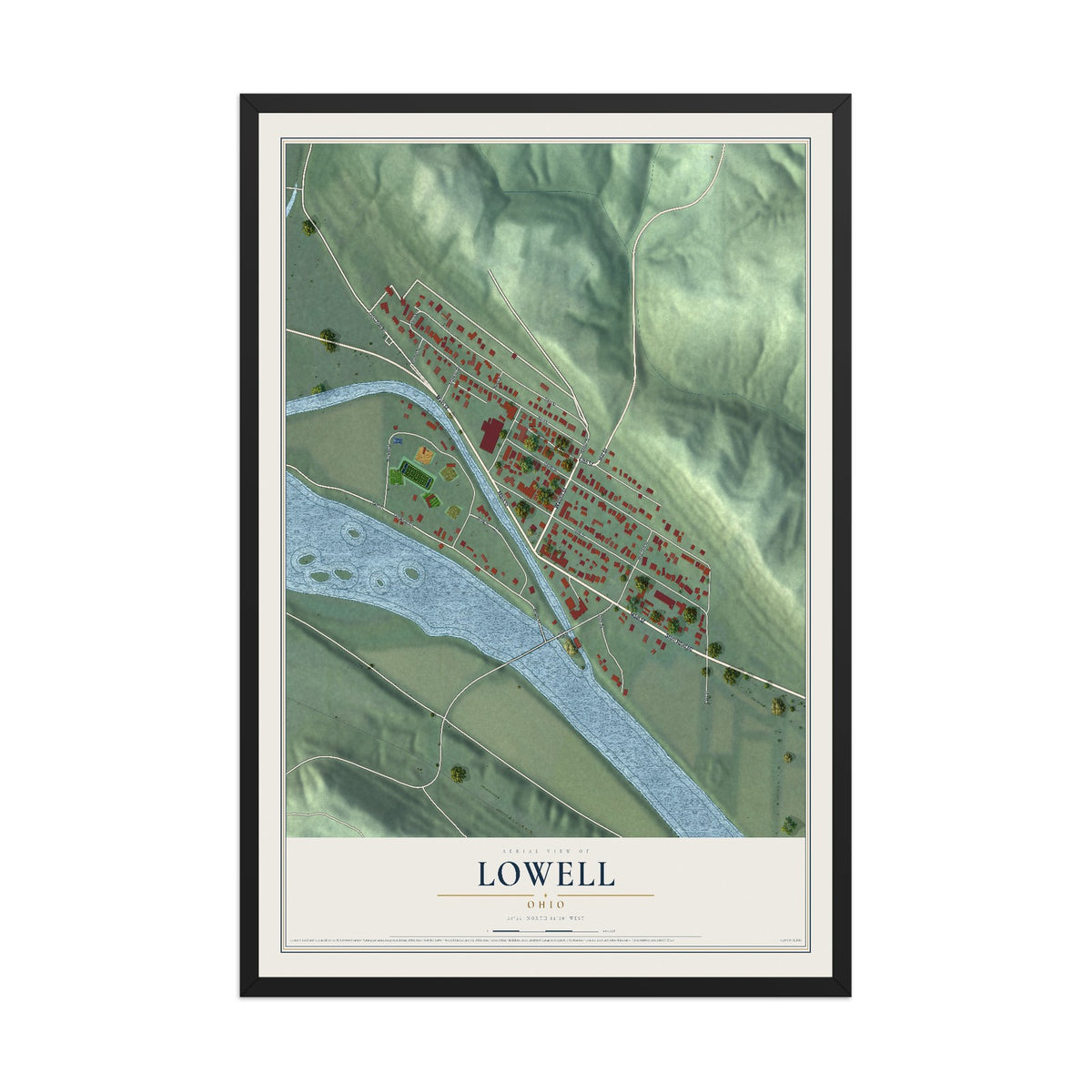 Map of Lowell, Ohio, 12 x 18 inch print in a black wood frame