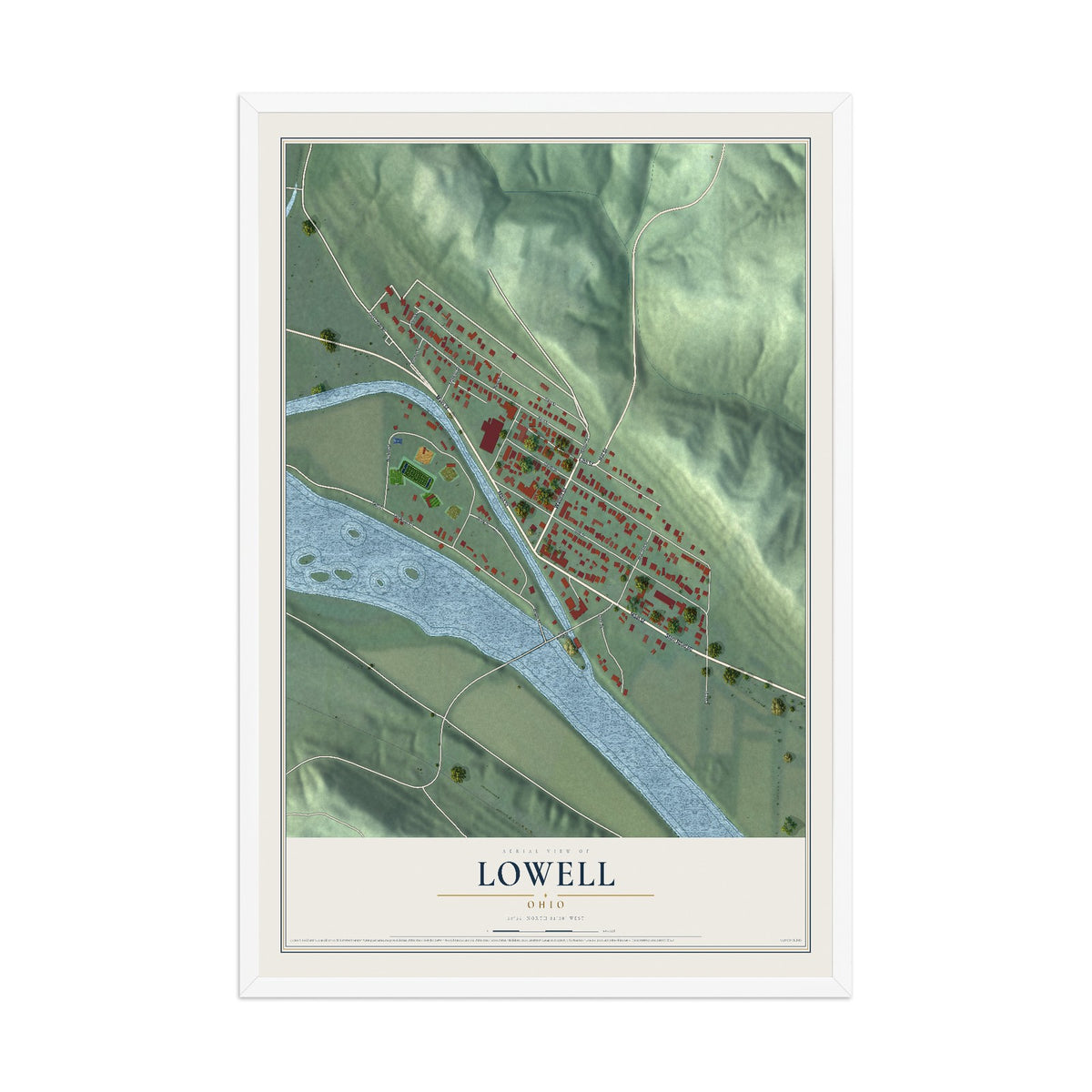 Map of Lowell, Ohio, 12 x 18 inch print in a white wood frame