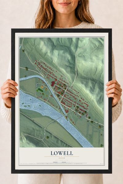 Map of Lowell, Ohio, 18 x 24 inch print in a black wood frame