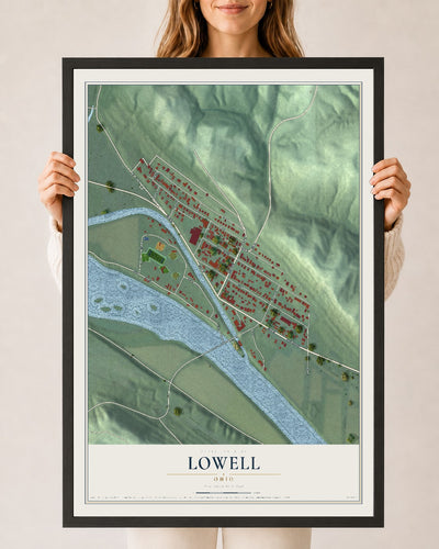 Map of Lowell, Ohio, 24 x 36 inch print in a black wood frame