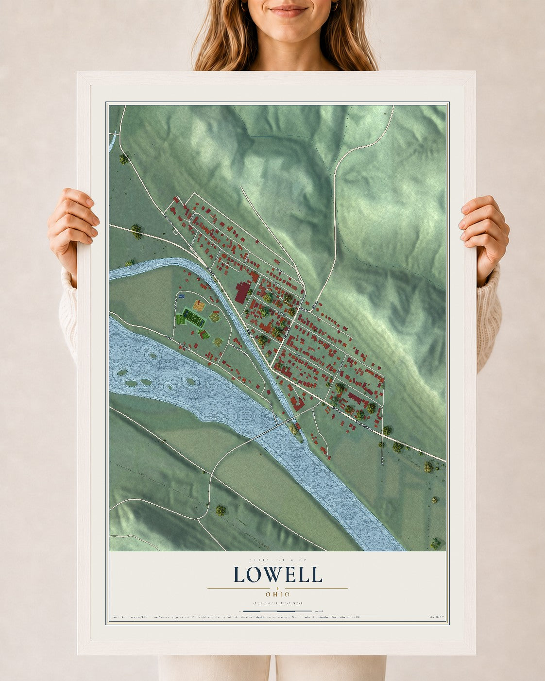 Map of Lowell, Ohio, 24 x 36 inch print in a white wood frame
