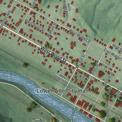 Close-up of the map of Lowellville, Ohio print showing street and building detail