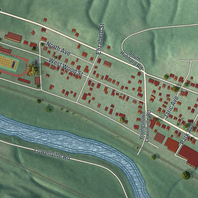 Second close-up of the map of Lowellville, Ohio print showing more streets and buildings