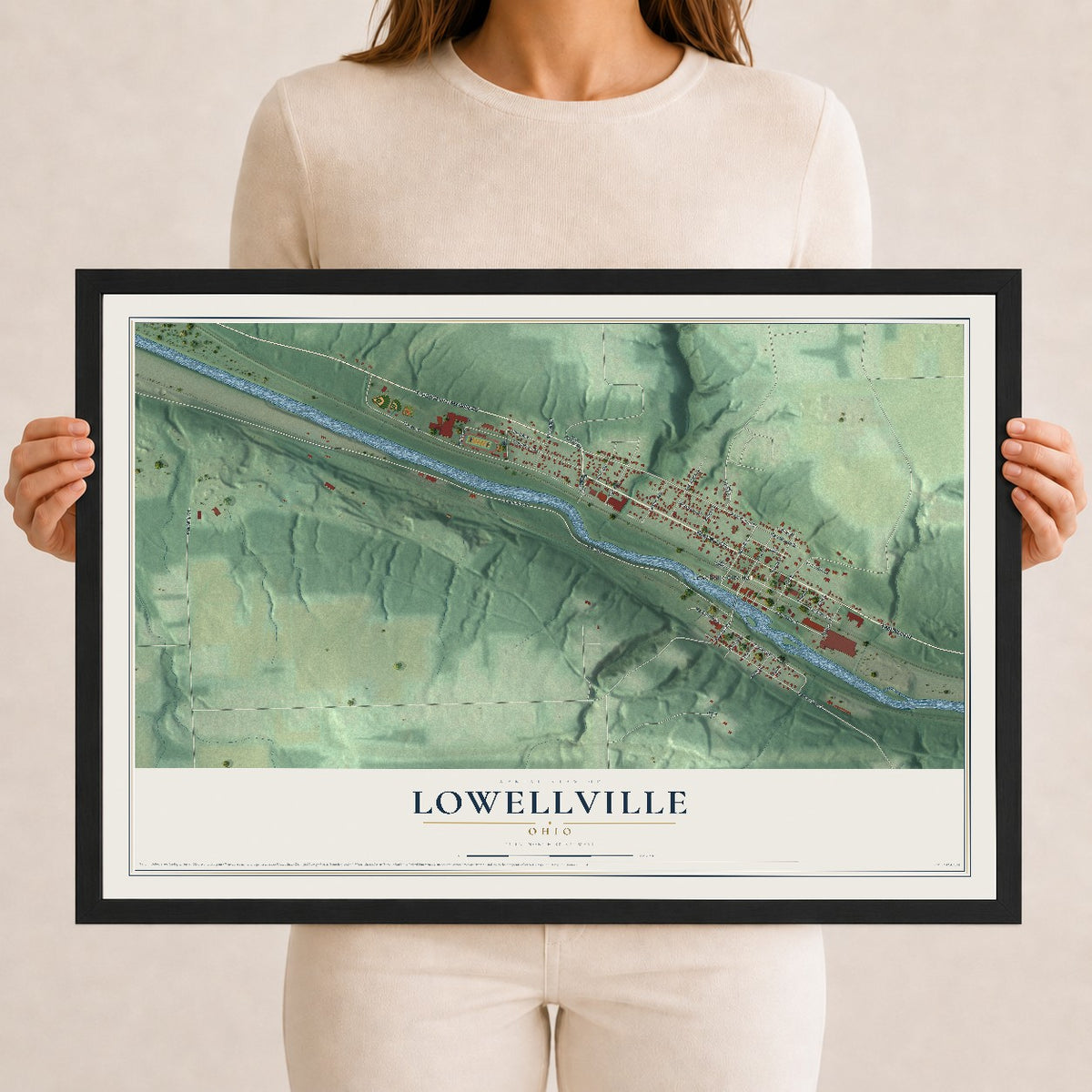 Map of Lowellville, Ohio, 12 x 18 inch print in a black wood frame
