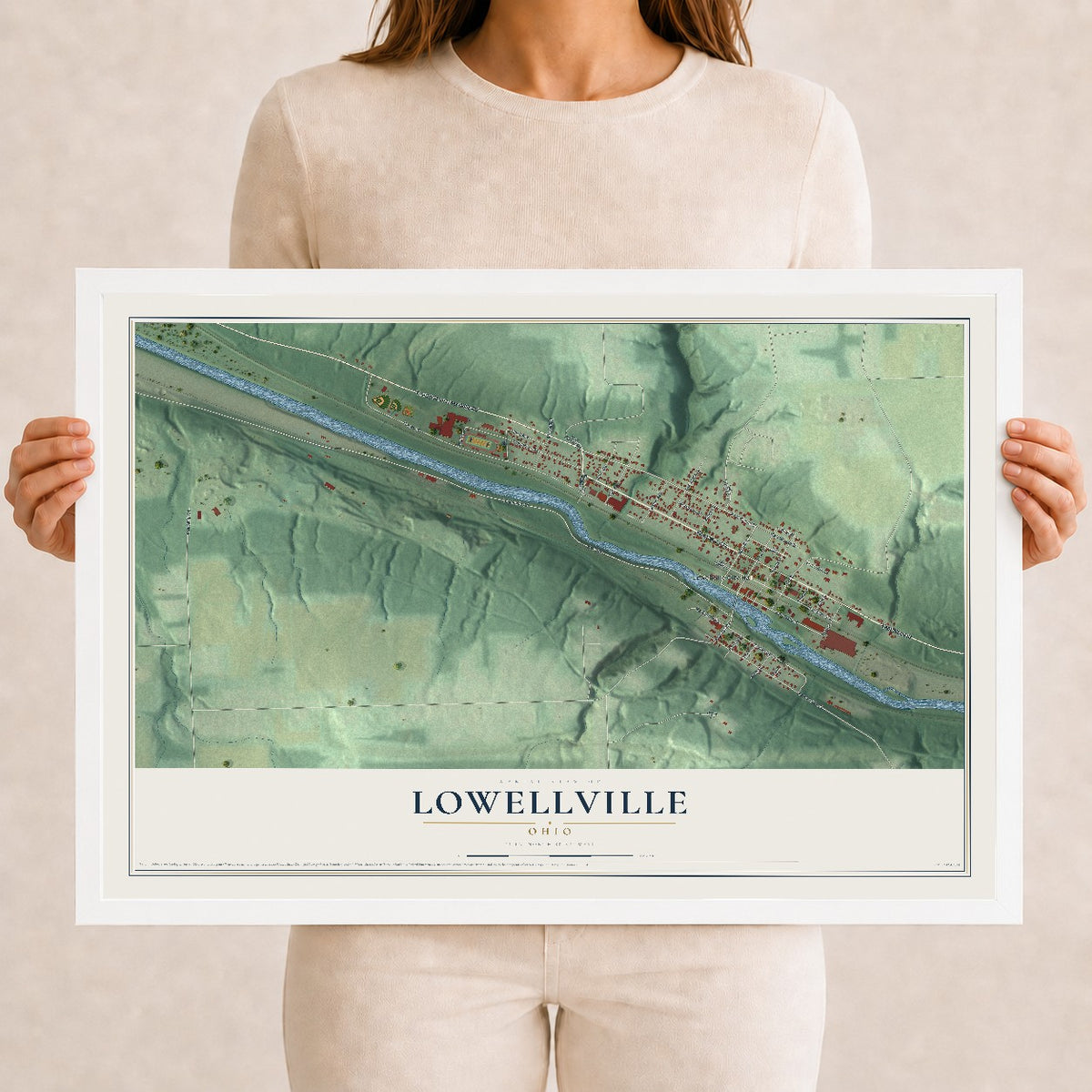 Map of Lowellville, Ohio, 12 x 18 inch print in a white wood frame
