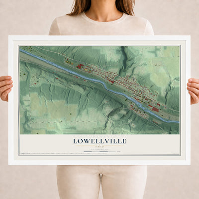 Map of Lowellville, Ohio, 18 x 24 inch print in a white wood frame