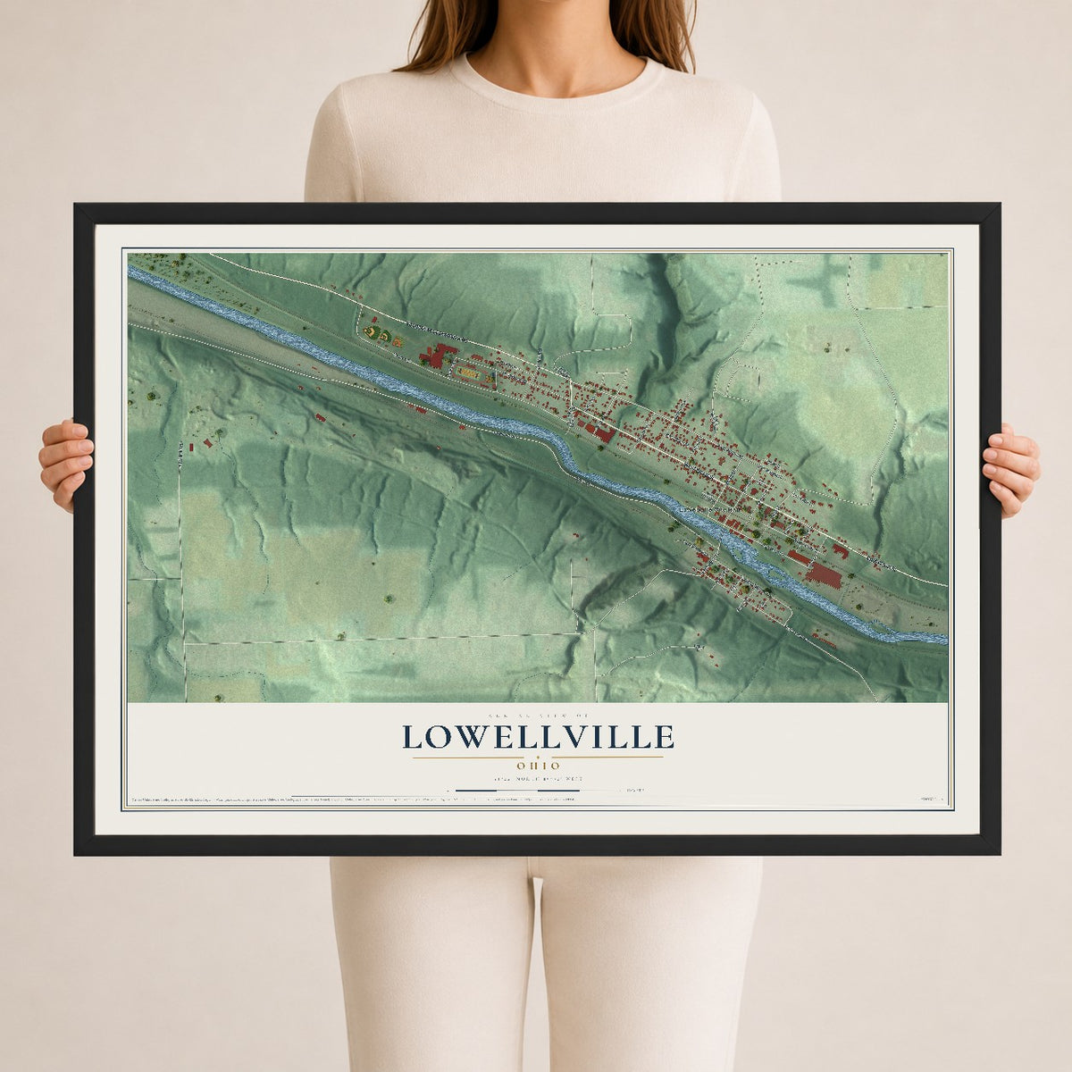 Map of Lowellville, Ohio, 24 x 36 inch print in a black wood frame