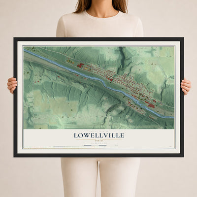 Map of Lowellville, Ohio, 24 x 36 inch print in a black wood frame