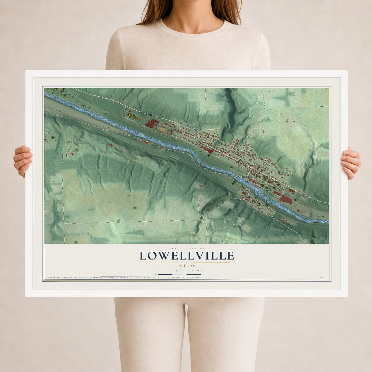 Map of Lowellville, Ohio, 24 x 36 inch print in a white wood frame