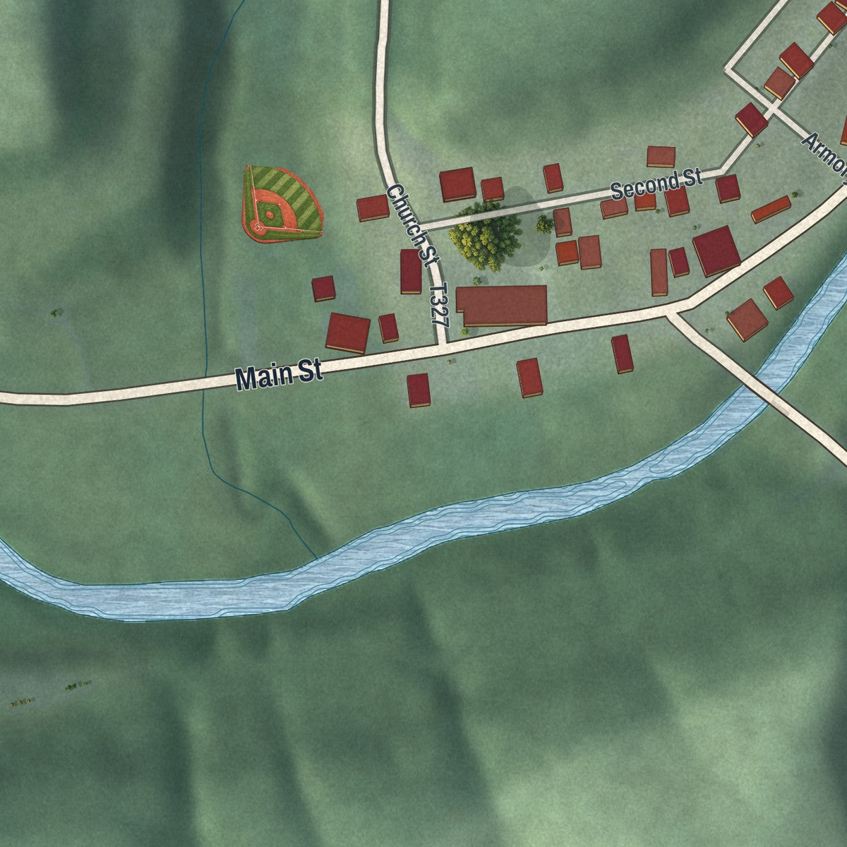 Close-up of the map of Lower Salem, Ohio print showing street and building detail